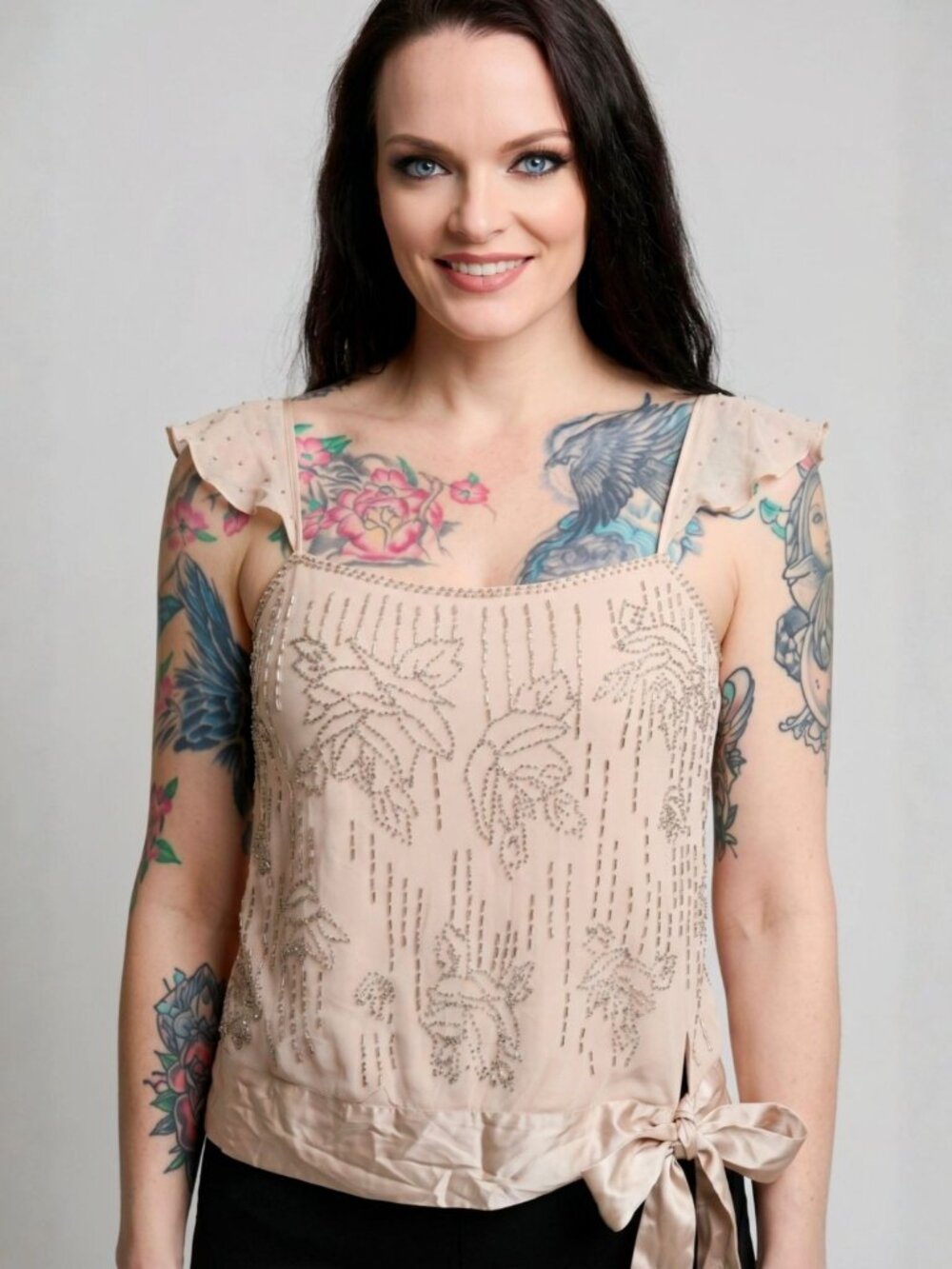 Express ✦ Silk Ruffle Sleeve Blouse ✦ Side Tie Beaded Embellished Floral XS - Picture 1 of 11